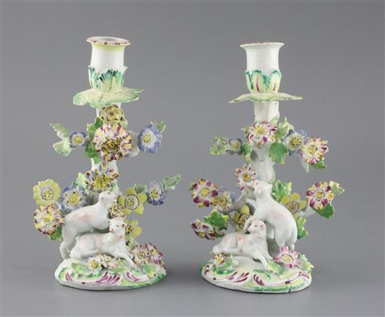 A pair of early Derby sheep candlesticks, c.1758, H. 21cm